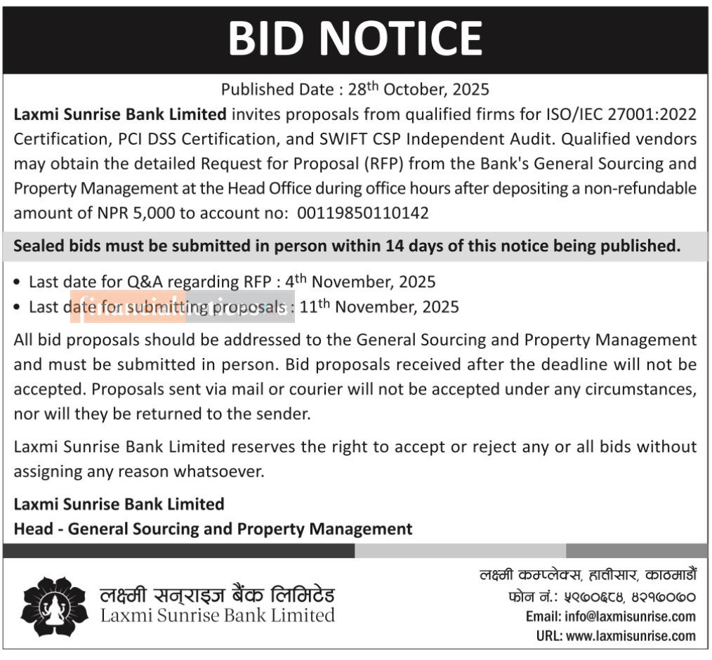 Laxmi Sunrise Bank Announces a Bid Notice -